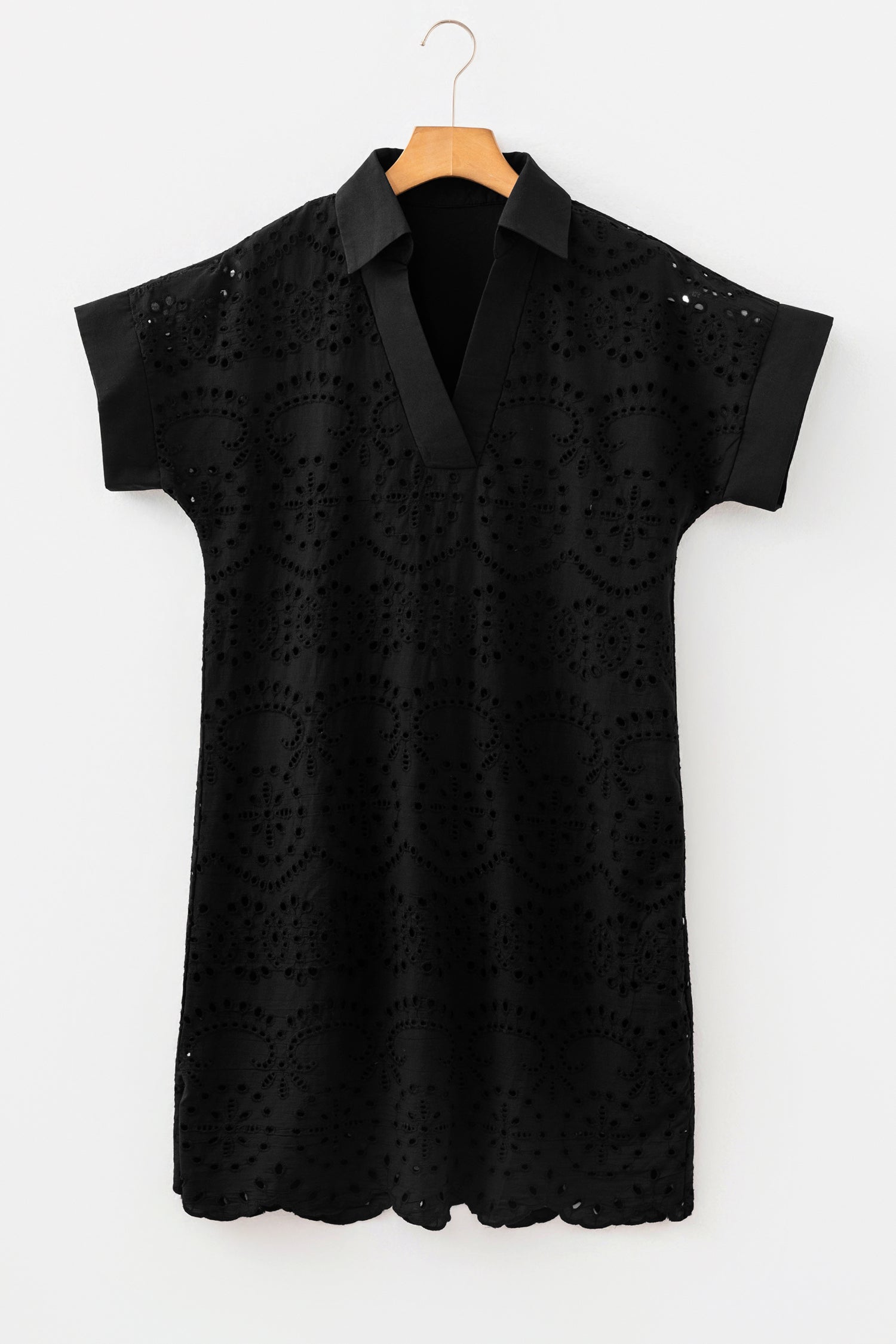 Black Solid Color Eyelet Embroidered T Shirt Mini Dress