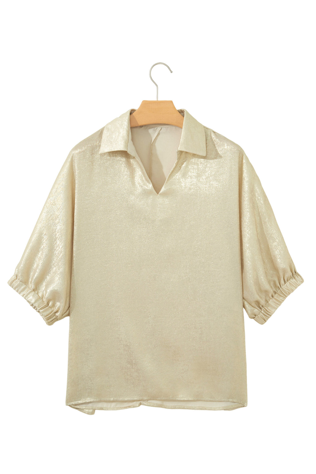 Casual Collared V Neck Half Sleeve Metallic Top