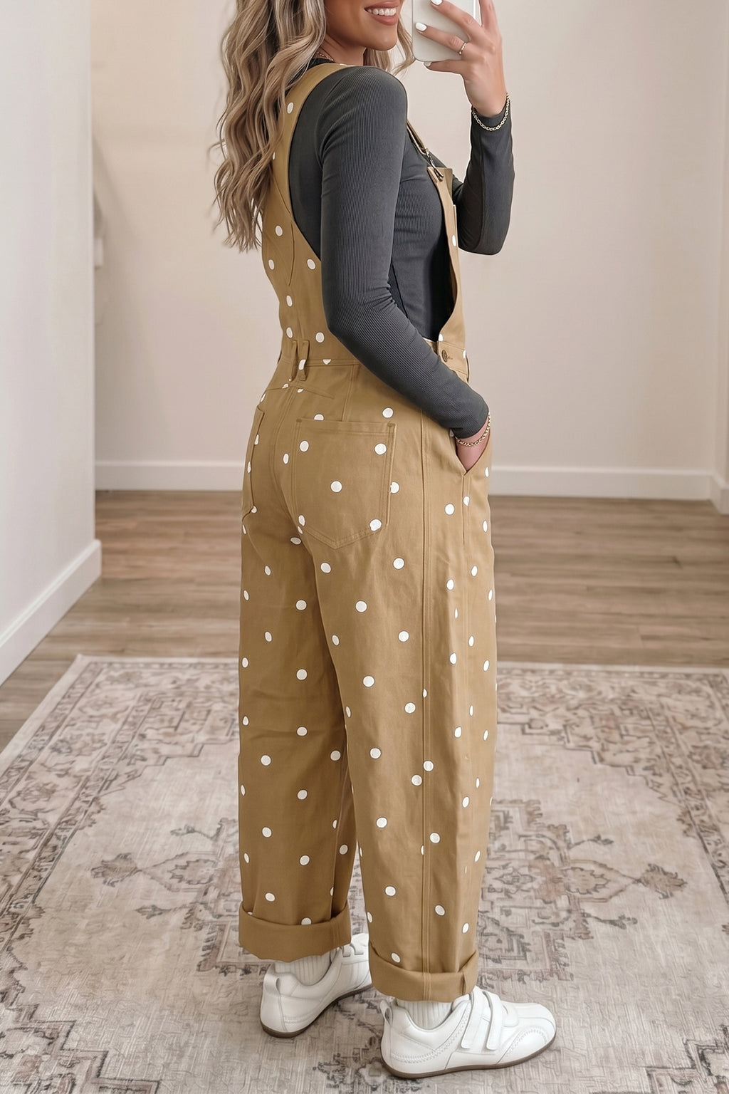 Light French Beige Polka Dot Print Bib Pocket Denim Barrel Overalls Jumpsuit