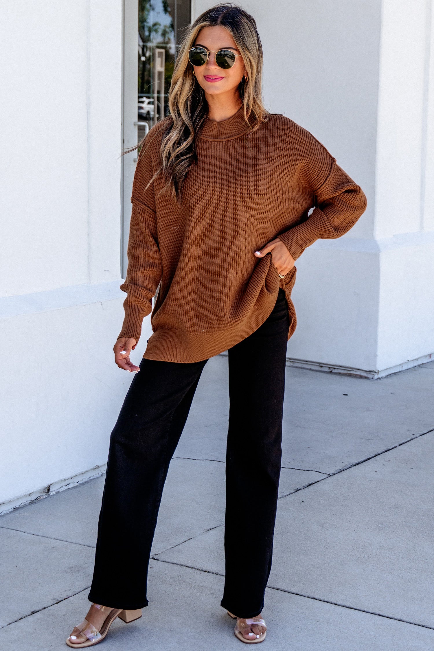 Chestnut Long Sleeve Ribbed Knit Stand Neck Regular Fit Sweater