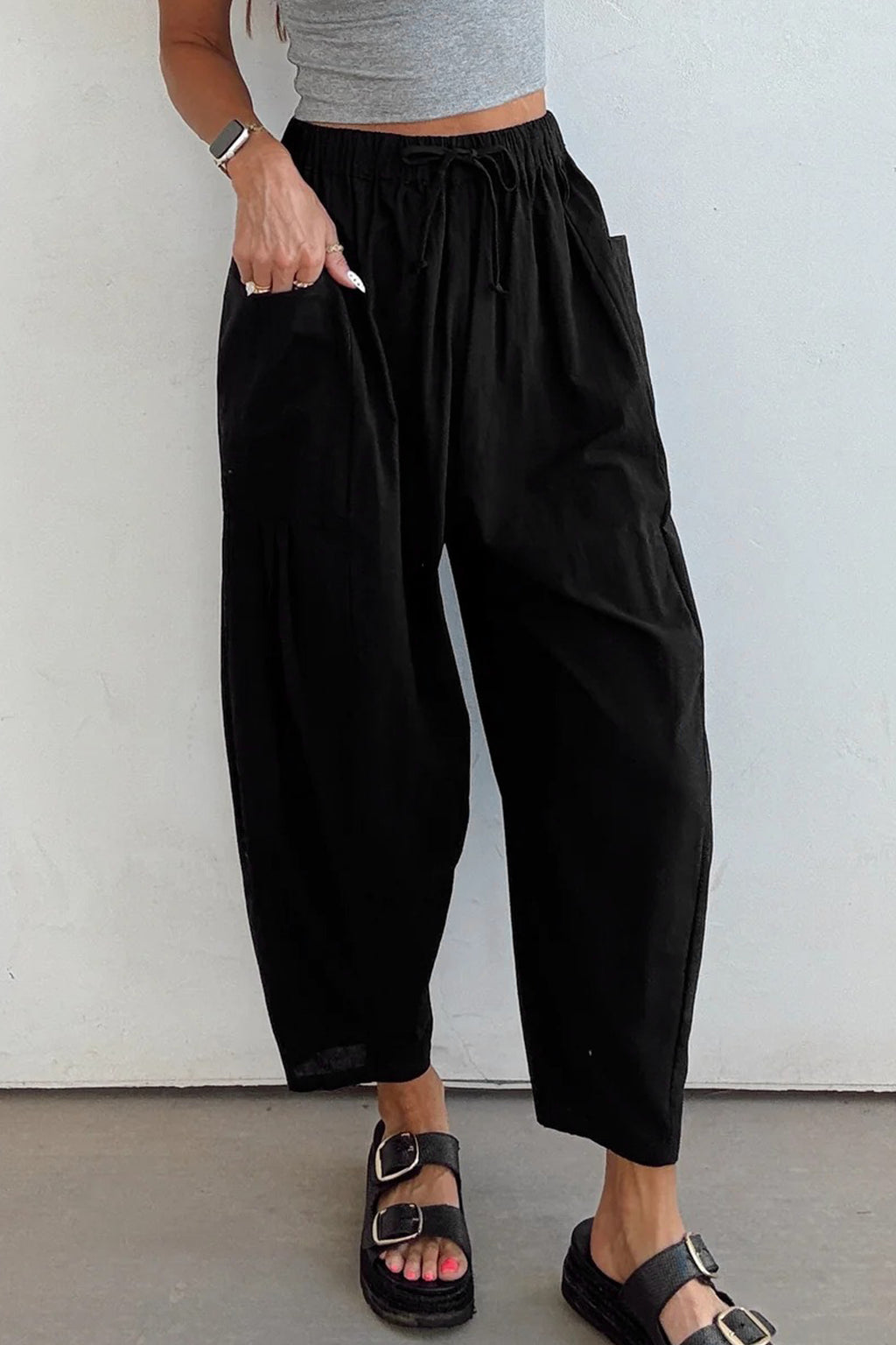 Jungle Green Drawstring Elastic Waist Patch Pocket Barrel Leg Casual Pants