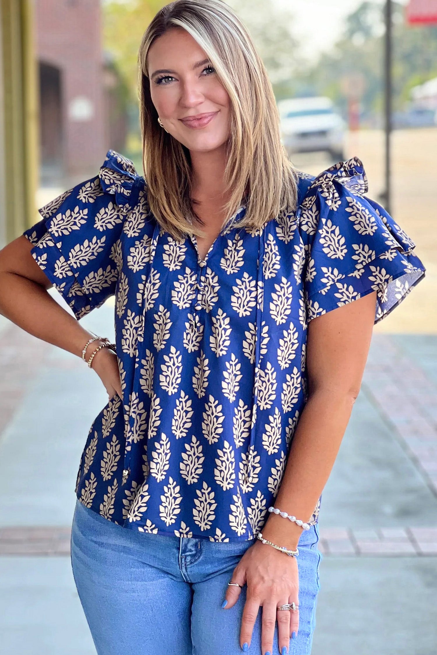 Blue Plus Size Botanical Print Tie V Neck Ruffle Short Sleeve Blouse