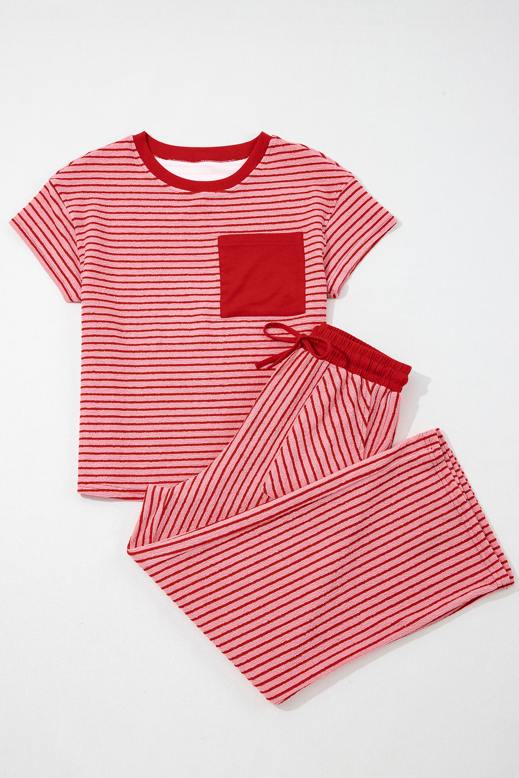 Sky Blue Stripe Crew Neck Tee Drawstring Waist Cropped Pants Set