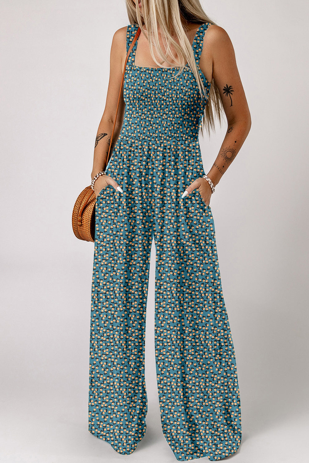 Purple Floral Print Smocked High Waist Square Neck Jumpsuit