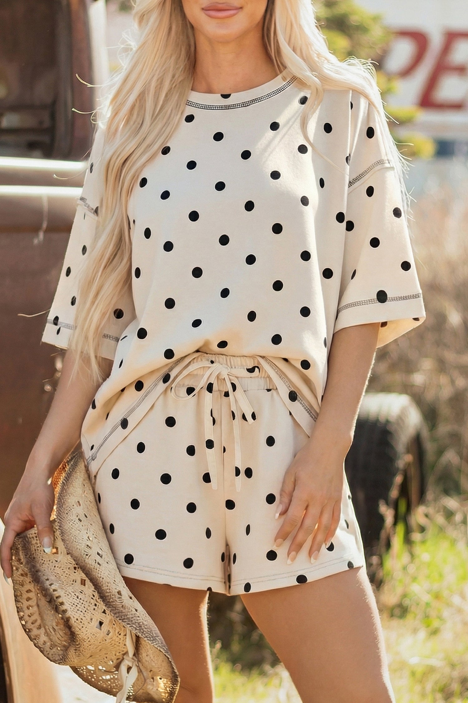 Sky Blue Exposed Seam Detail Polka Dot Loose Tee Drawstring Shorts Set