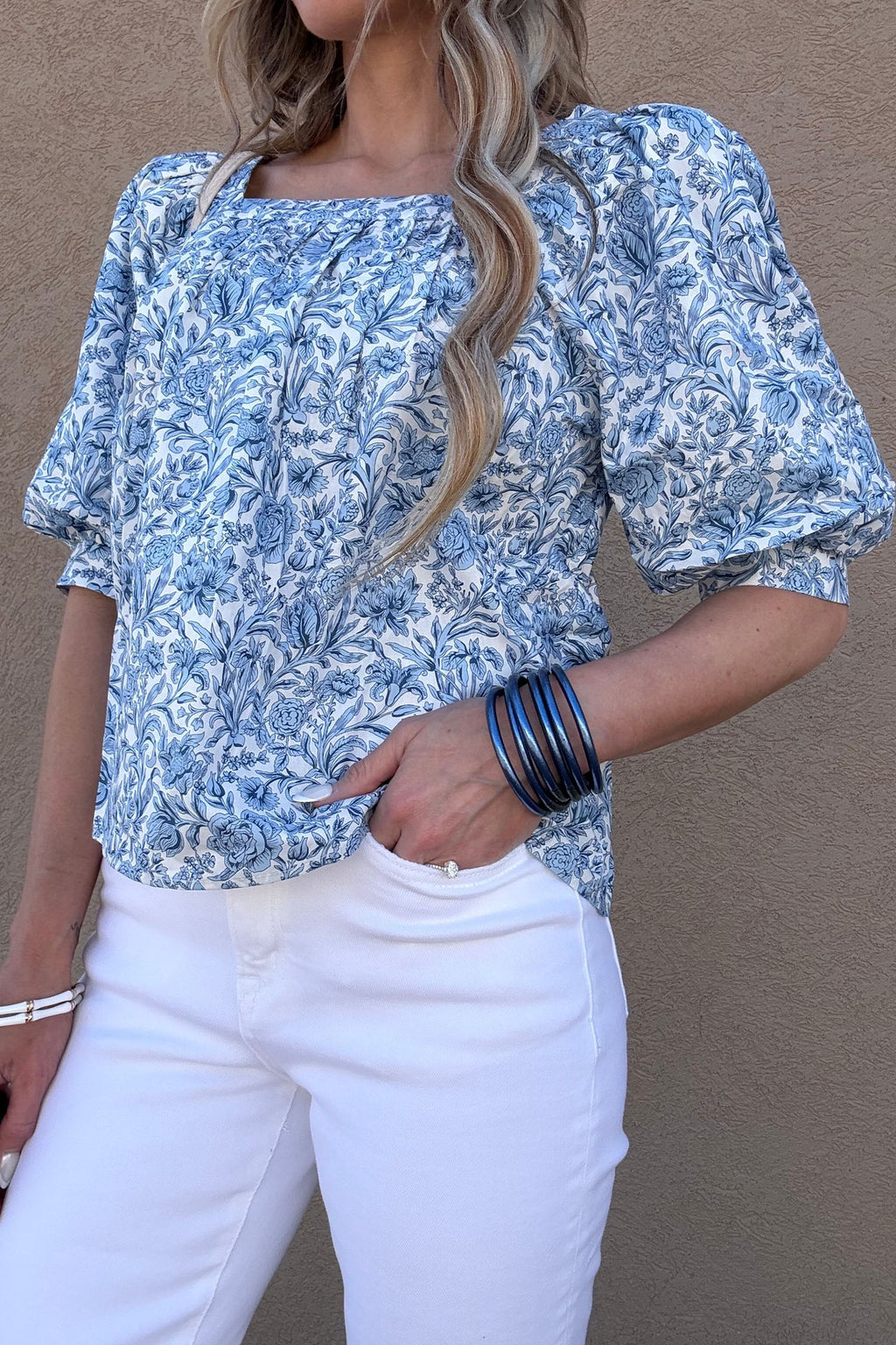 Sky Blue Square Neck Short Puff Sleeve Pleated Floral Blouse