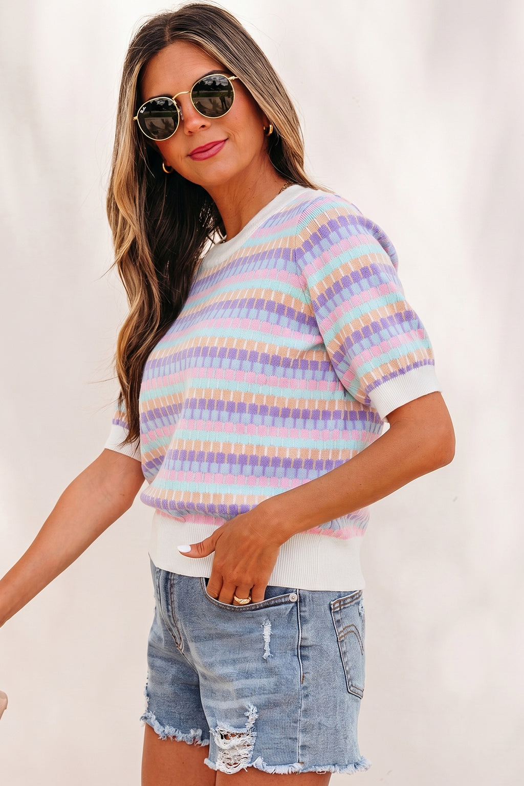Orange Abstract Striped Knit Short Sleeve Sweater