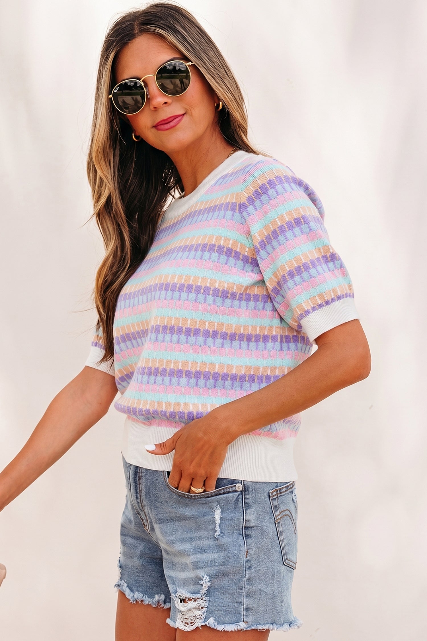 Orange Abstract Striped Knit Short Sleeve Sweater