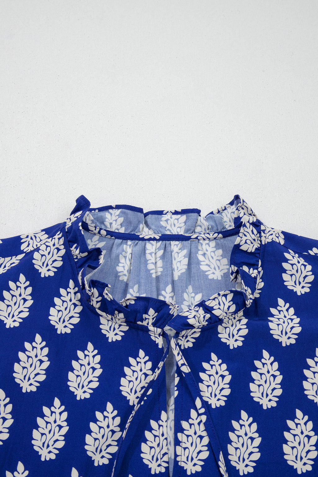 Blue Plus Size Botanical Print Tie V Neck Ruffle Short Sleeve Blouse