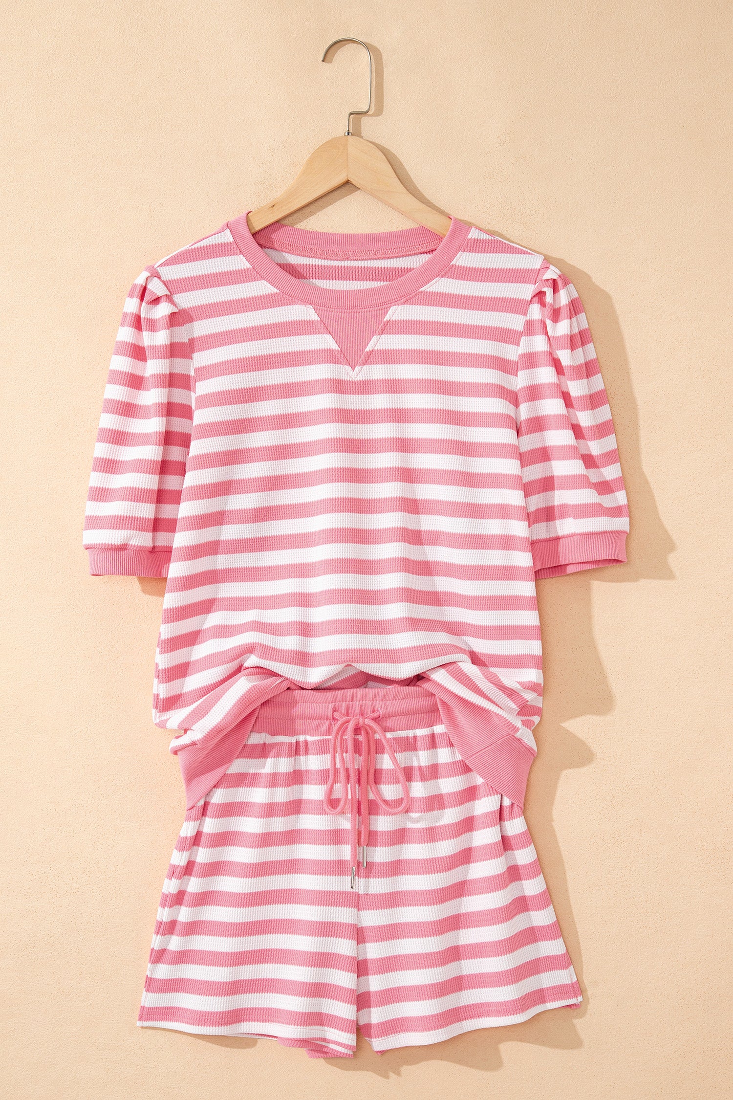 Pink Stripe Puff Short Sleeve T Shirt Matching Shorts Set