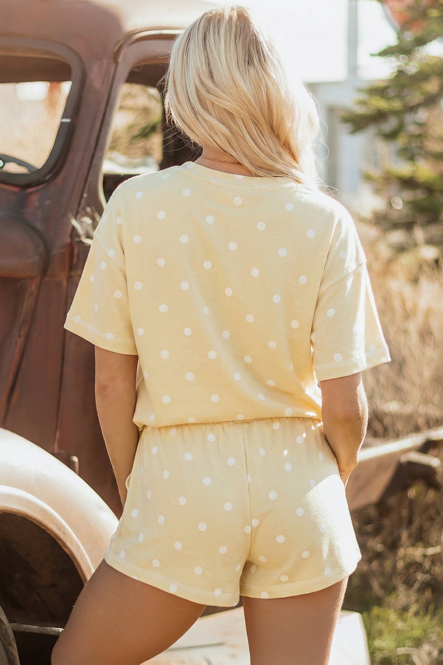 Sky Blue Exposed Seam Detail Polka Dot Loose Tee Drawstring Shorts Set