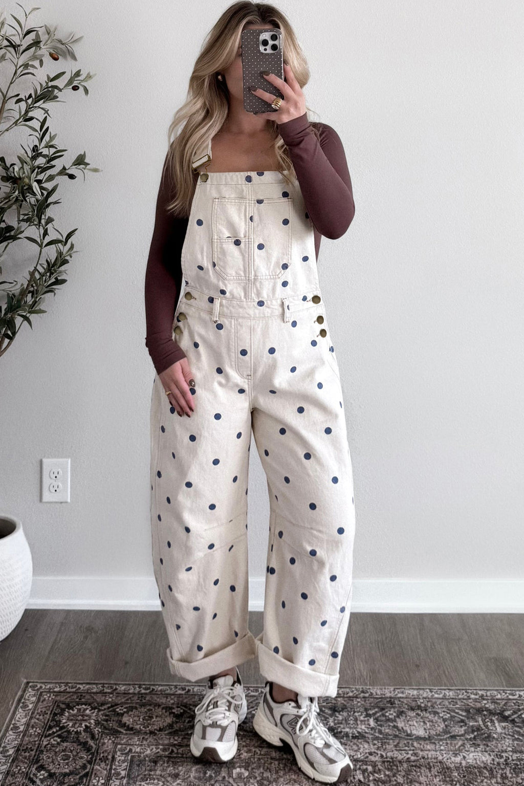 Light French Beige Polka Dot Print Bib Pocket Denim Barrel Overalls Jumpsuit