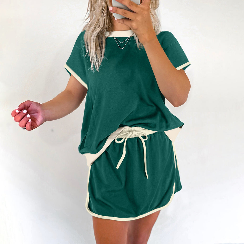 Apricot Colorblock Edge Drop Shoulder T Shirt and Skort 2Pcs Set