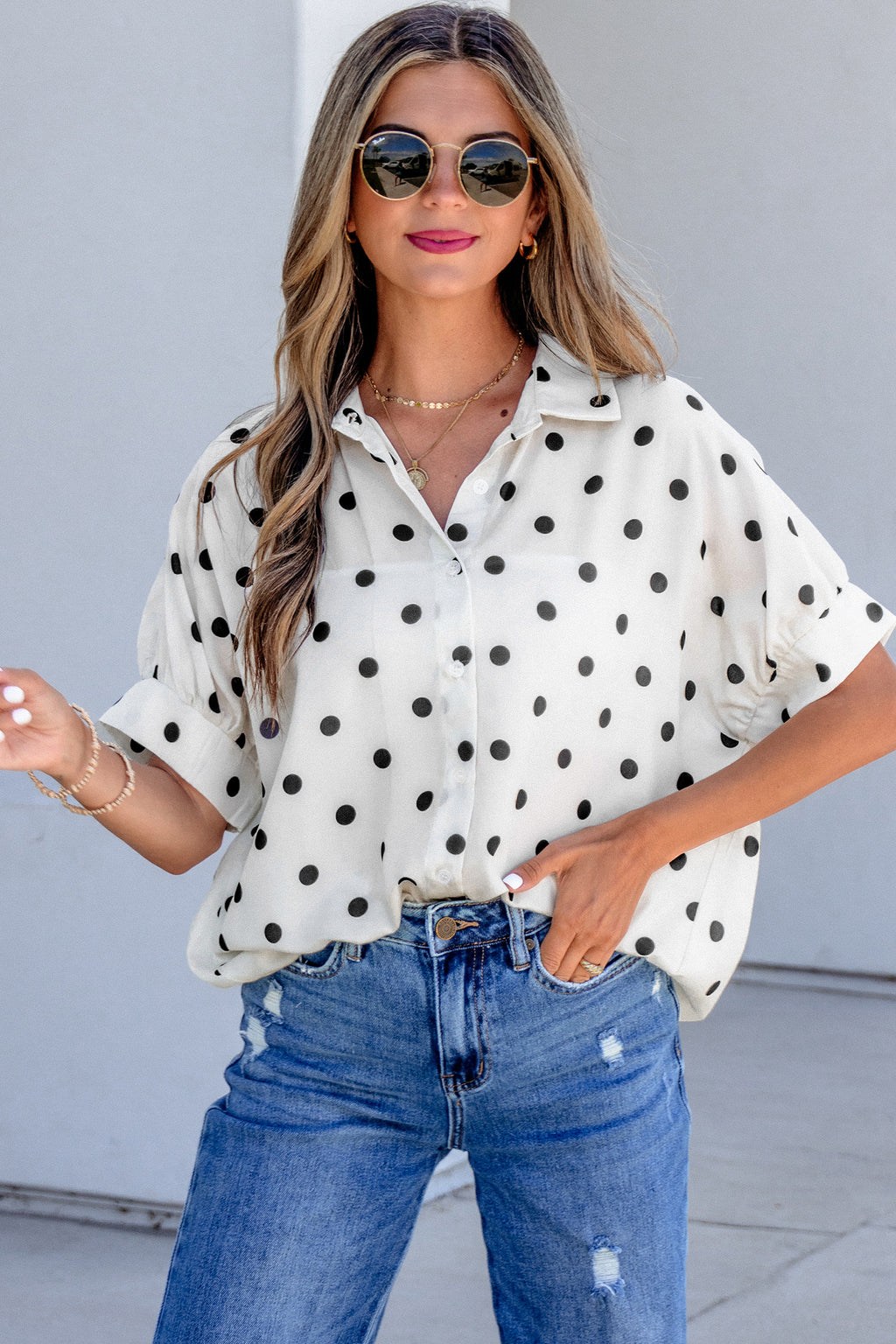 Beige Polka Dot Print Loose Dolman Shirt