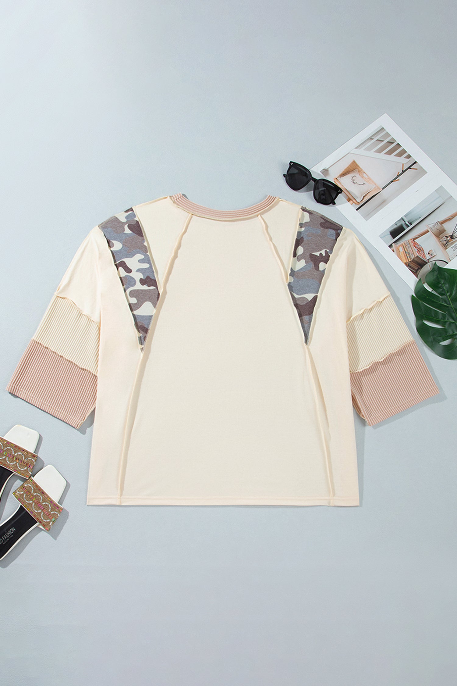 Apricot Camouflage Panel Twist Rib Sleeve Round Neck Loose Fit Plus Size Blouse