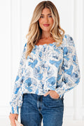 Sky Blue Floral Print Frilly Smocked Square Neck Long Sleeve Blouse