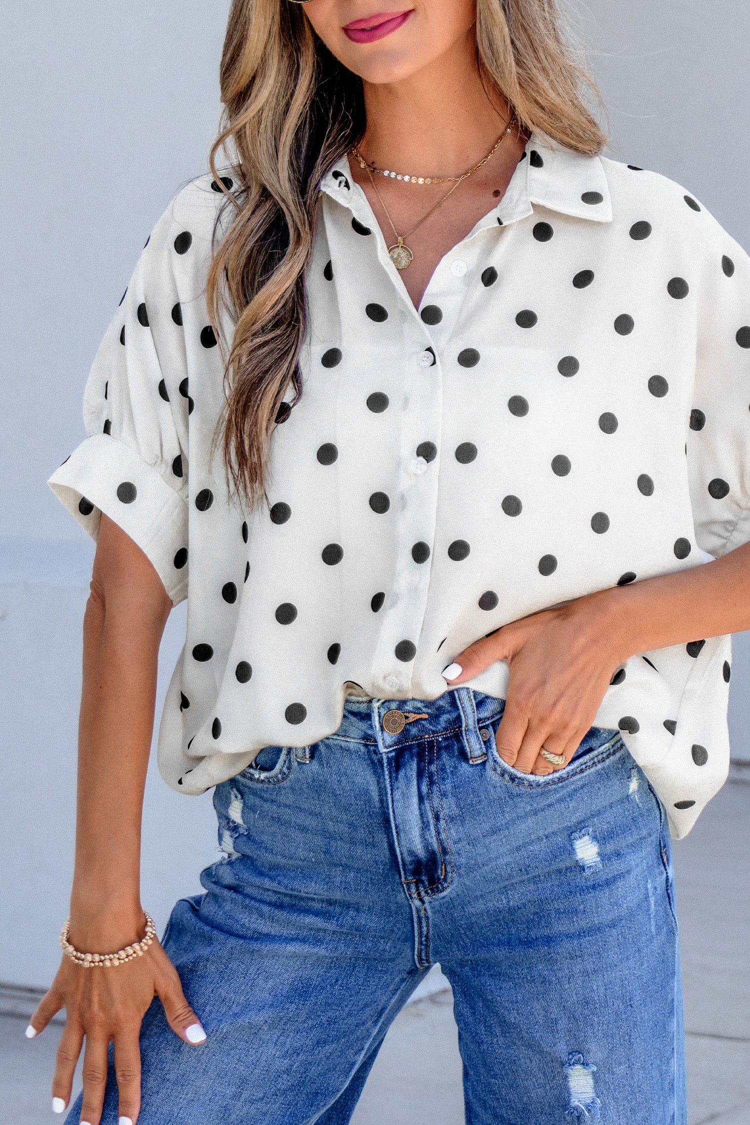 Beige Polka Dot Print Loose Dolman Shirt