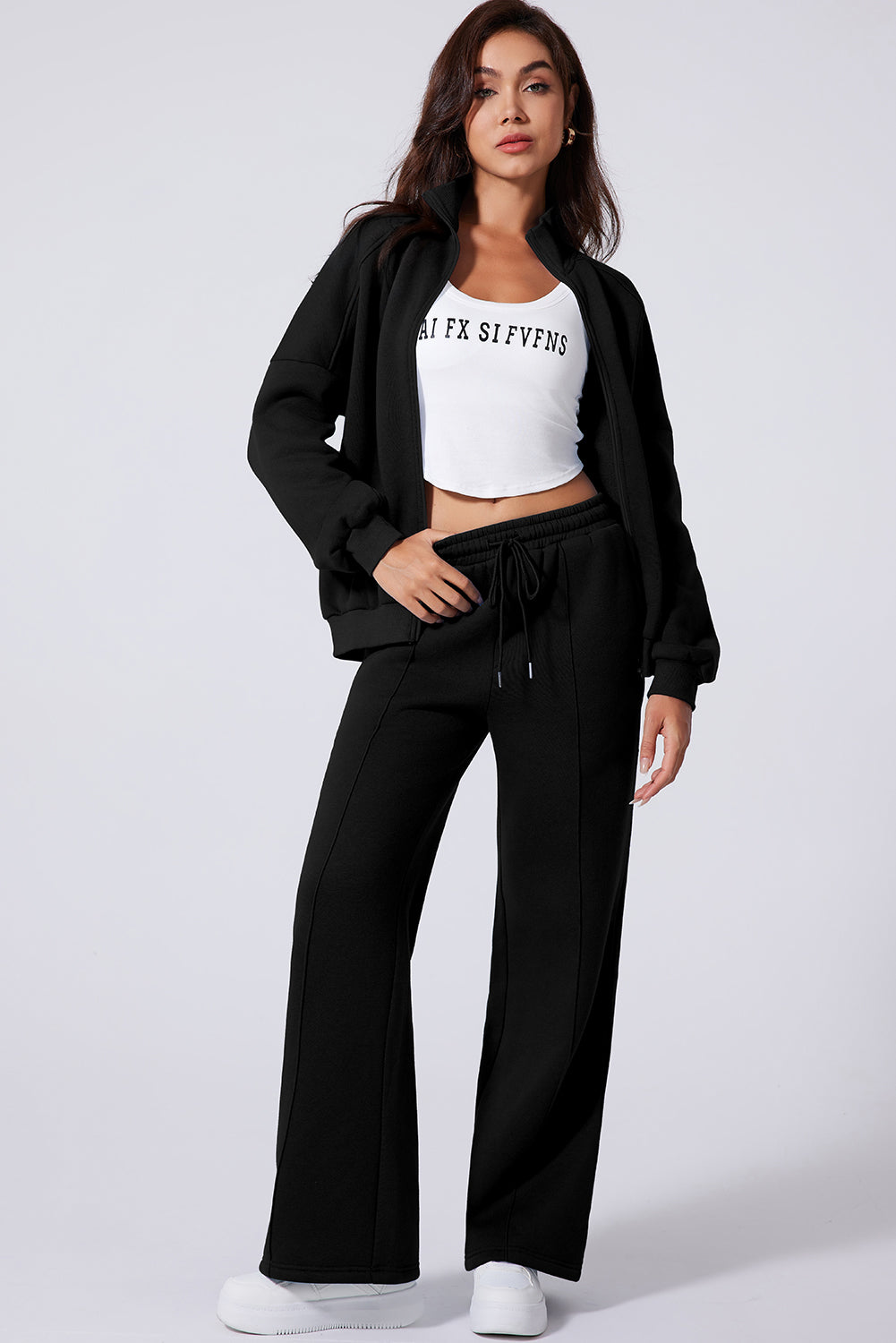 Clearly Aqua Drop Shoulder Zip Up Jacket Drawstring Pants Active 2pcs Set