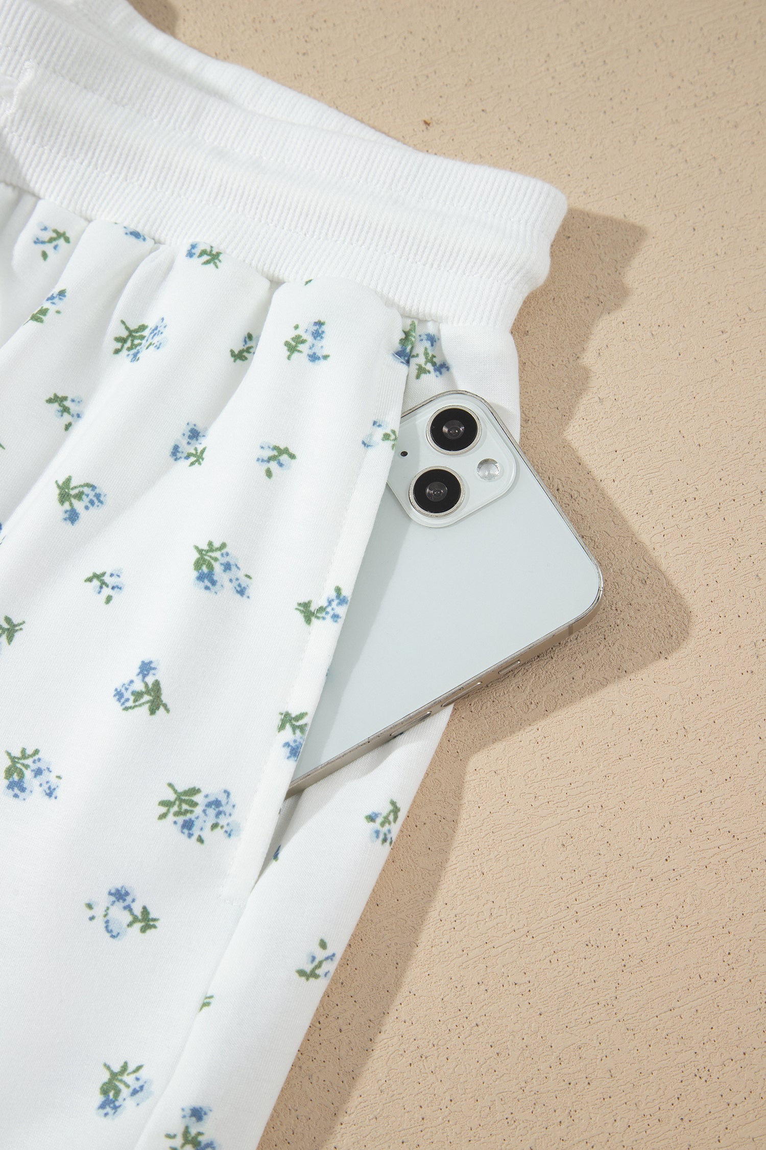 White Floral Print Half Zip Top Matching Short Set