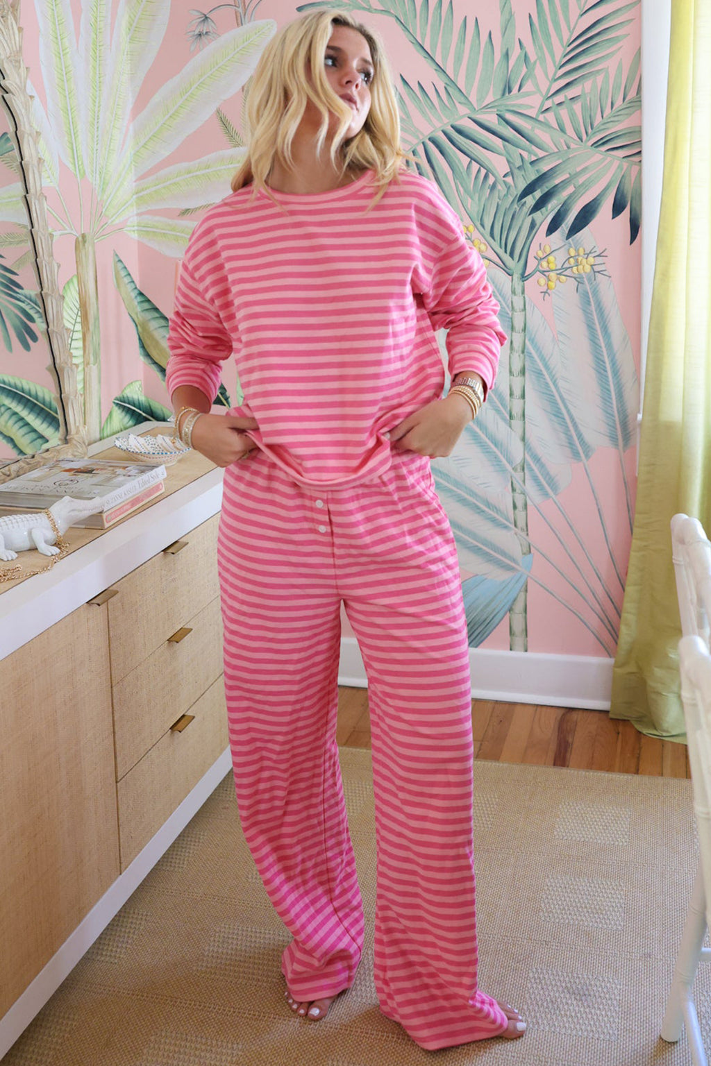 Pink Stripe Drop Shoulder Round Neck Top and Buttoned Straight Pants Two Piece Set