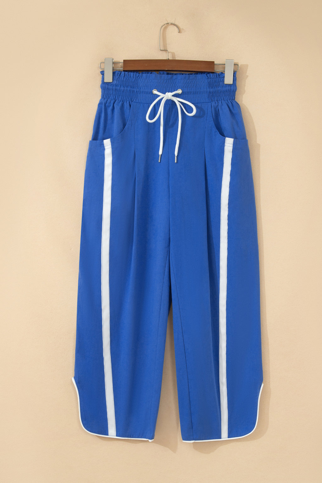 Black Contrast Striped Smocked Waist Drawstring Cropped Casual Pants