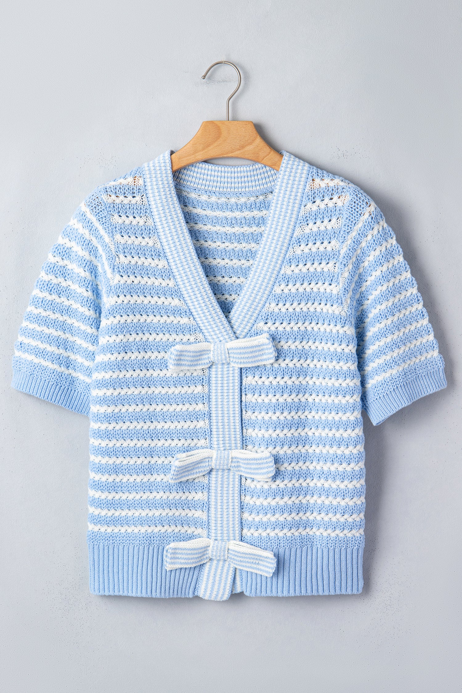 Green Stripe Short Sleeve Knit V Neck Bow Knot Sweater