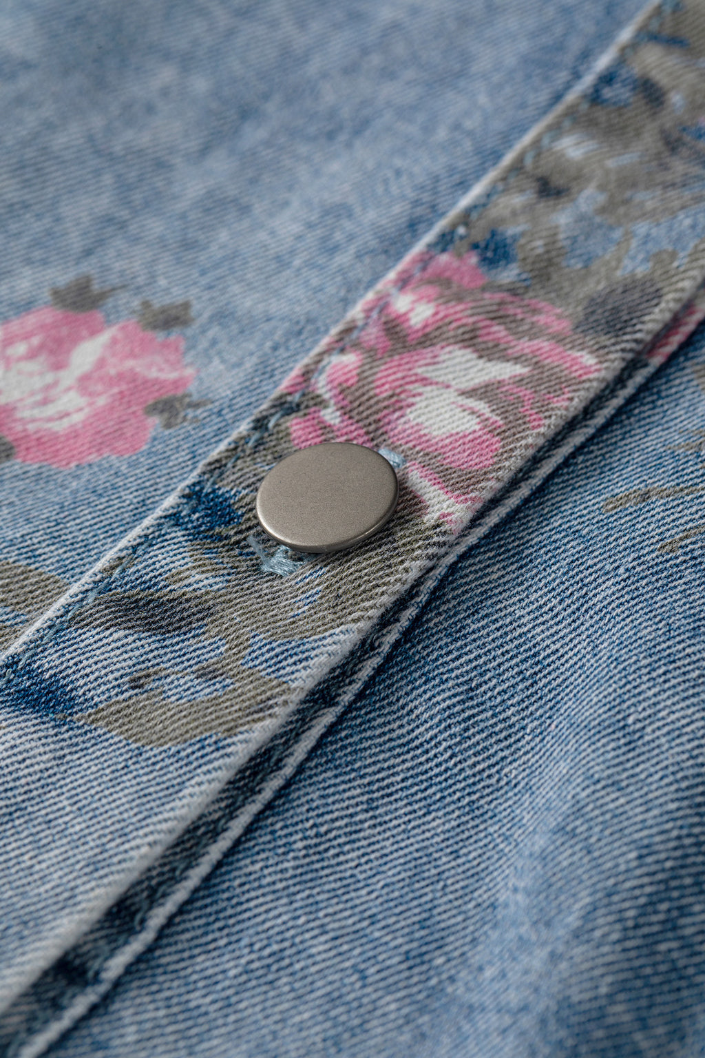 Sky Blue Floral Print Denim Short Sleeve Button Down Dress