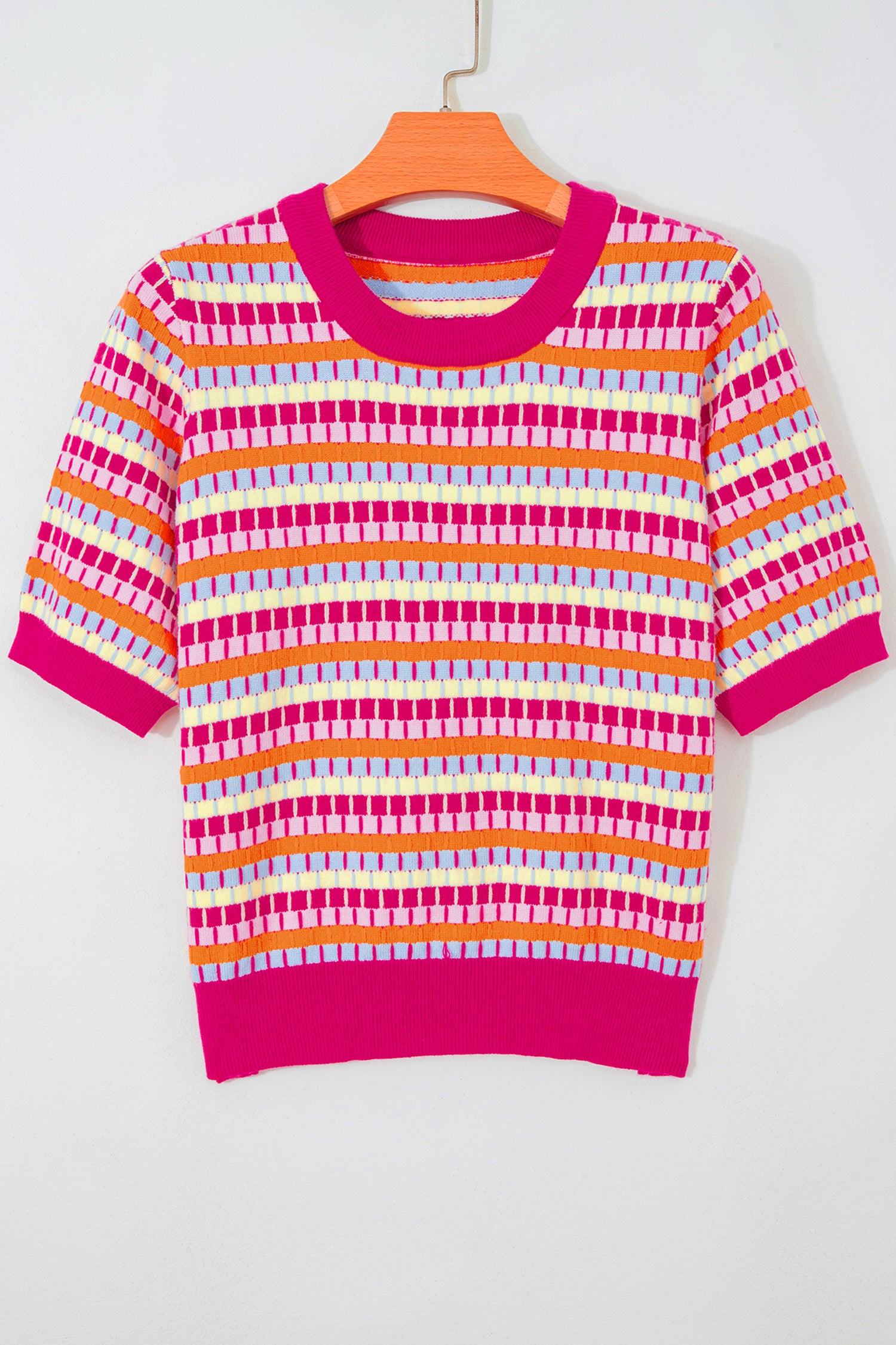 Orange Abstract Striped Knit Short Sleeve Sweater