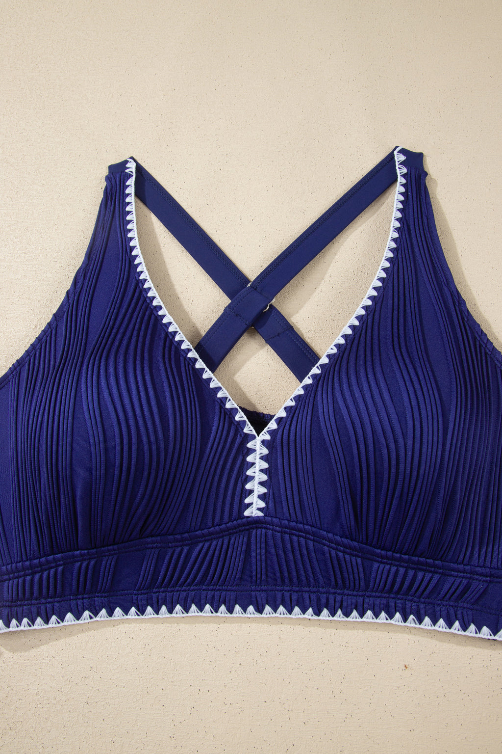 Dark Blue Shell Stitched Trim V Neck Textured Mix and Match High Waist Bikinis