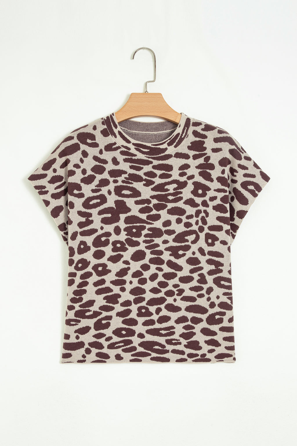 Khaki Leopard Print Short Sleeve Knit Loose Pullover Sweater