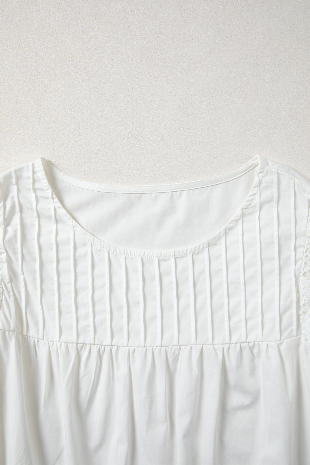 White Lace Detail Flutter Sleeve Pleated Round Neck Blouse