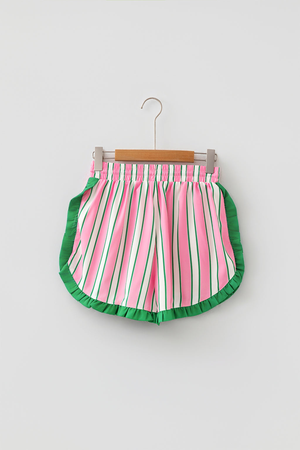 Pink Stripe Contrast Ruffle Trim Shorts